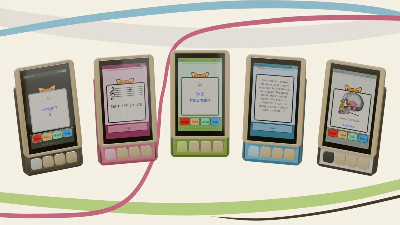 Five kotohi devices in a row — charcoal, pink, green, blue and pale grey — each with a different flashcard on screen: an oxygen chemistry card, a music-notation card, the kanji for mountain, a criminal-law card and a labelled skull.